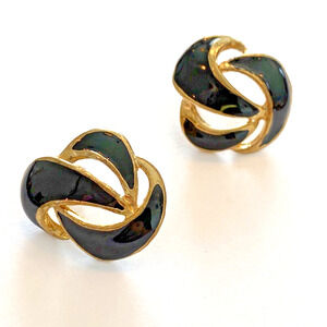 Vintage 1980s Pierced Earrings Mod Goldtone & Black Enamel Abstract Boss Lady